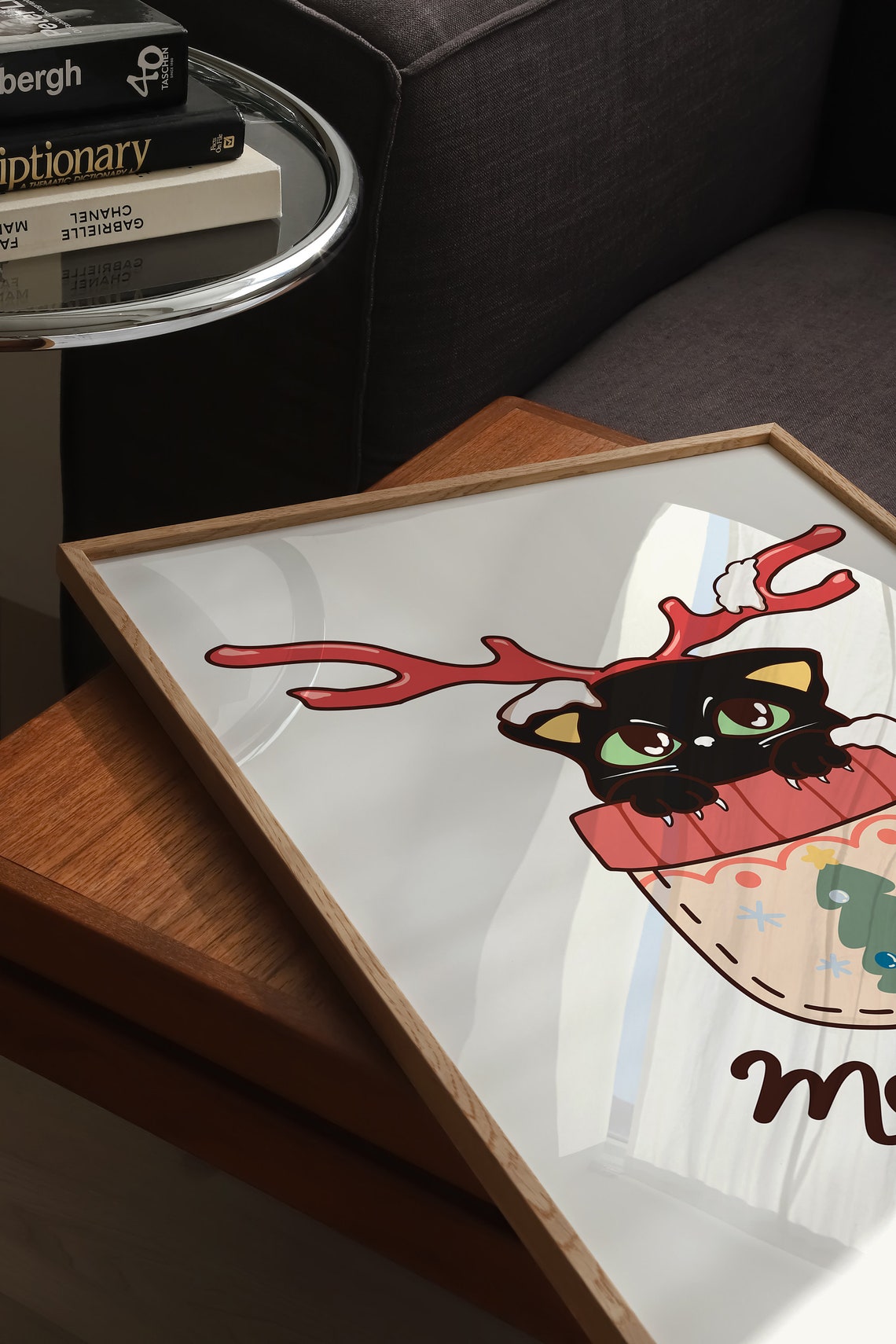Meowwwy Black Cat With Reindeer Antlers in Stocking Art Poster - Image 5