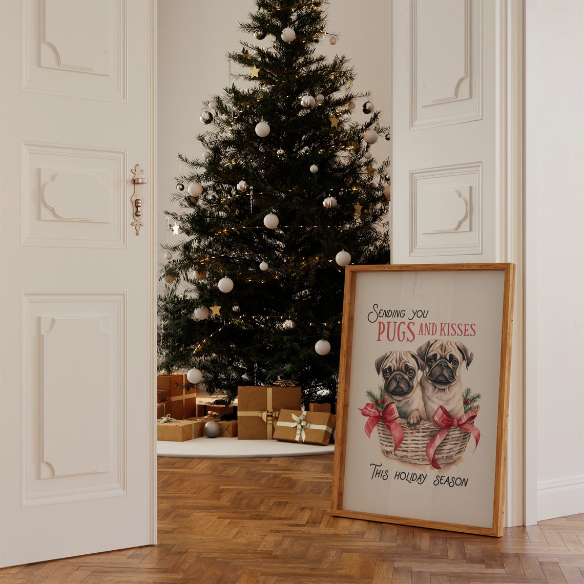 Sending You Pugs and Kisses Christmas Pug Puppy Basket Poster - Image 3