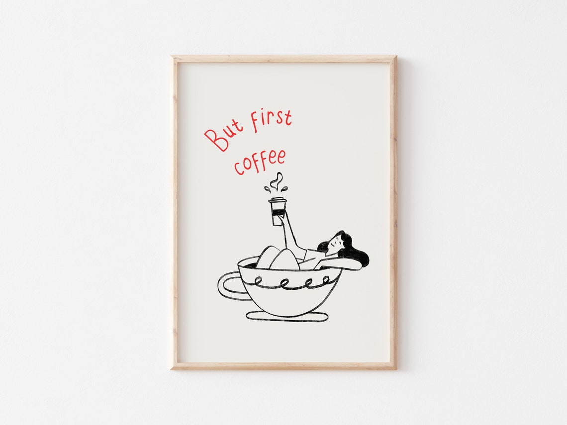 But First Coffee Woman Relaxing in a Coffee Cup Line Drawing Poster - Image 4