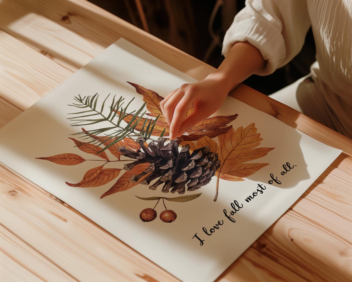 Watercolor Pinecone And Autumn Leaves Botanical Fall Nature Poster - Image 4