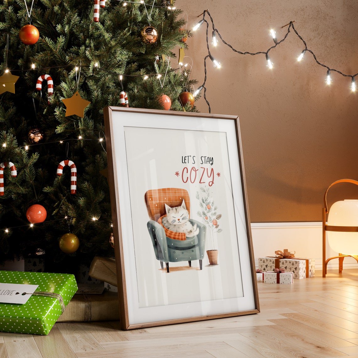 Let's Stay Cozy Sleepy White Cat in Plaid Armchair Hygge Poster - Image 2