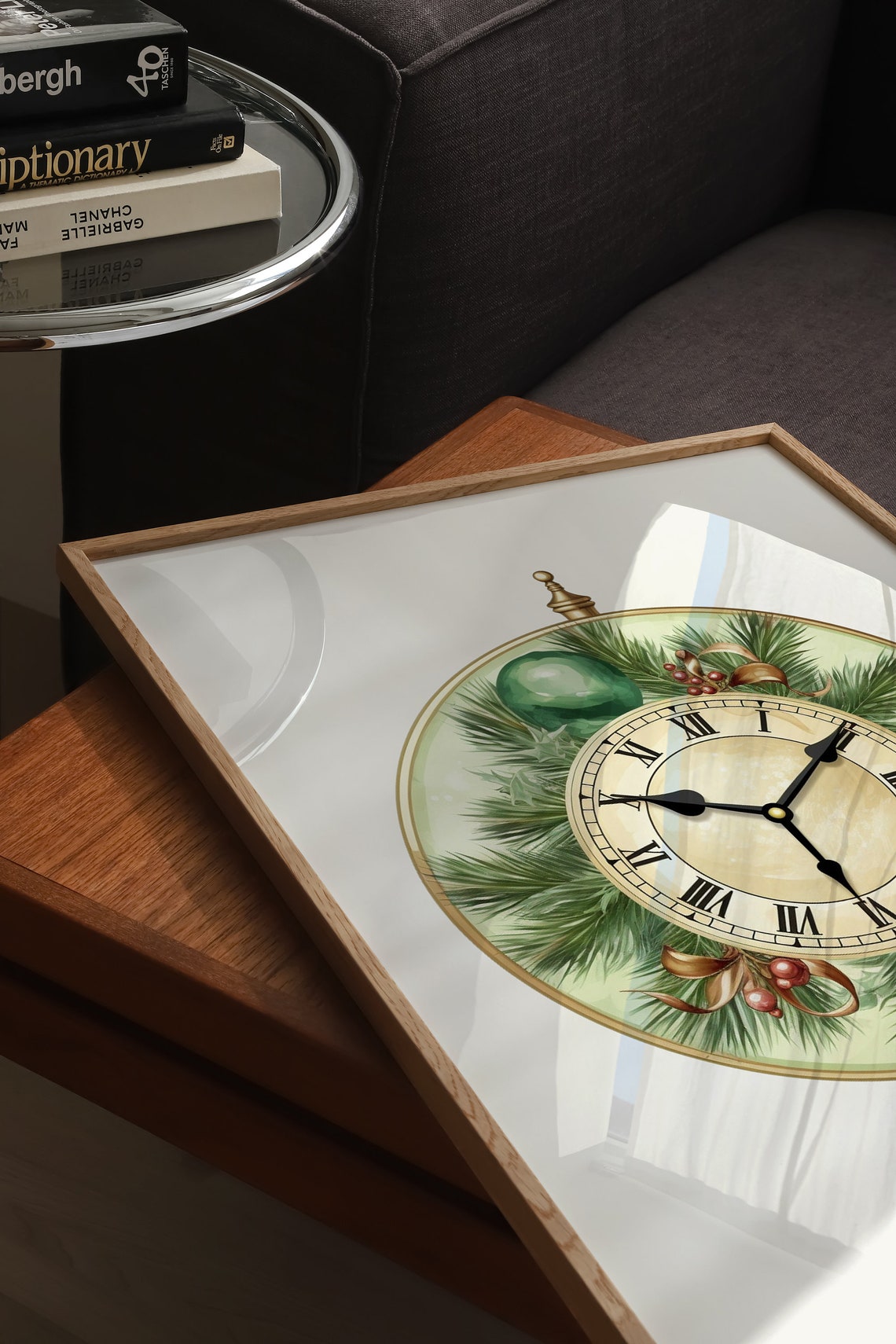 Gold Antique Clock With Pine Green Baubles Berries Holiday Poster - Image 5