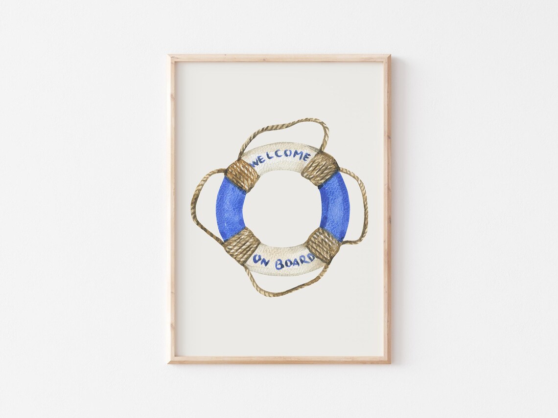 Welcome On Board Painted Life Buoy Rope Detail Nautical Watercolor Poster - Image 3