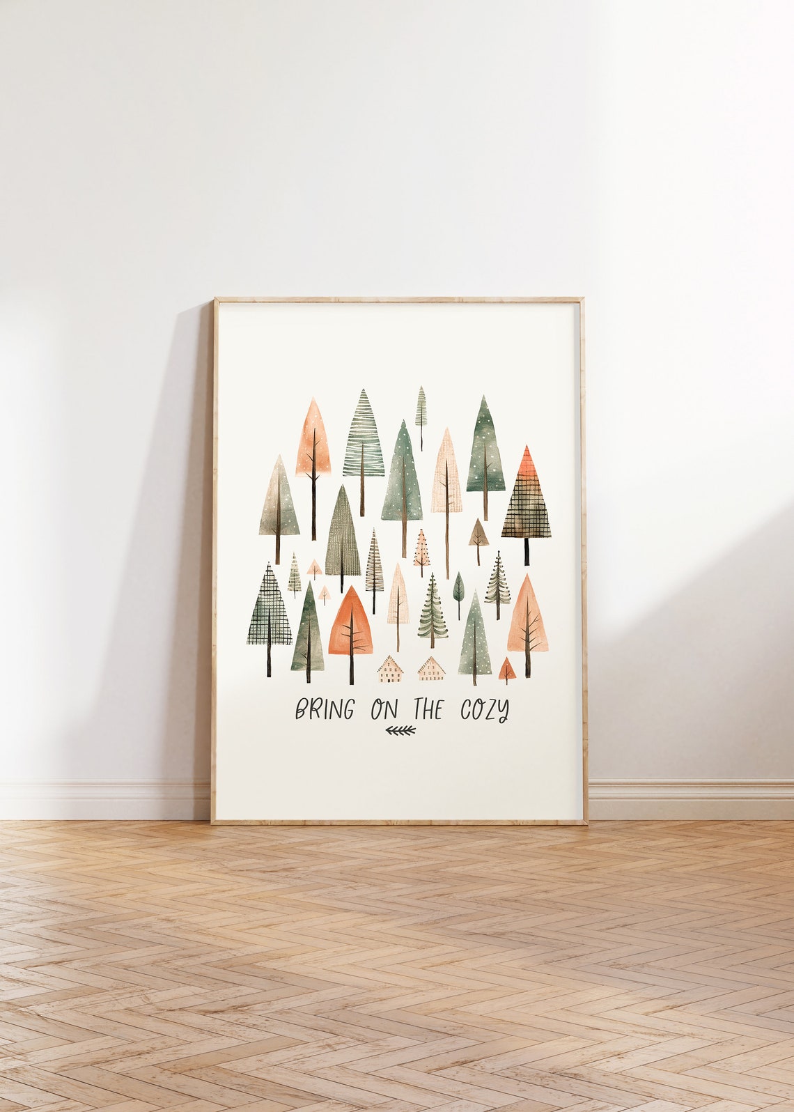 Bring On The Cozy Watercolor Winter Forest Scene Trees Wall Art - Image 3