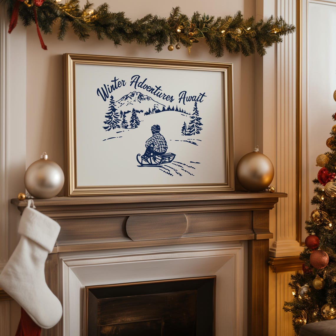 Winter Adventures Await Navy Sledding Scene Snowy Mountain Poster - Image 2
