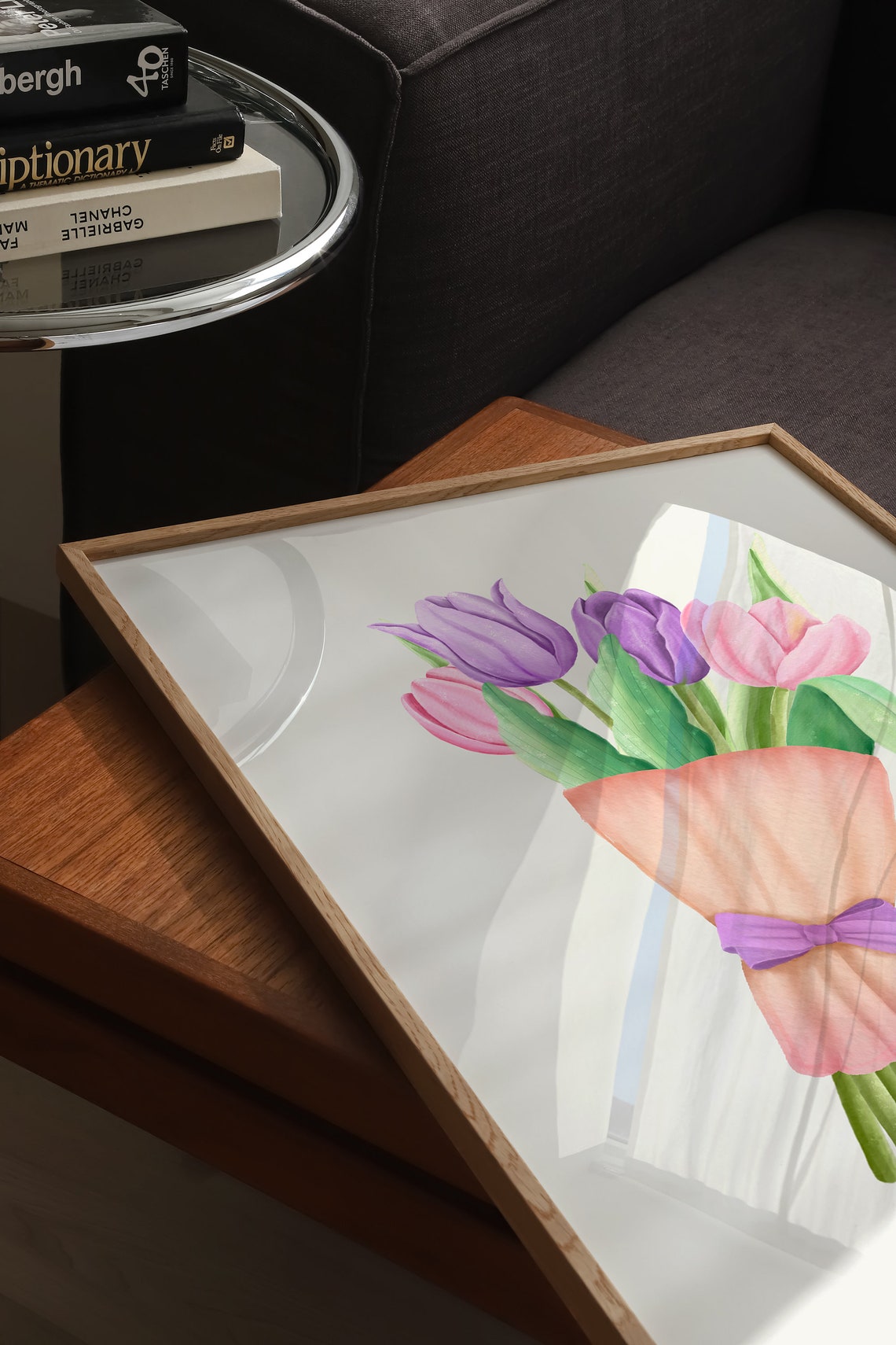 Pink and Purple Tulip Bouquet Wrapped in Paper Watercolor Poster - Image 3