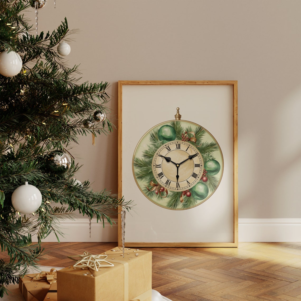 Gold Antique Clock With Pine Green Baubles Berries Holiday Poster - Image 4