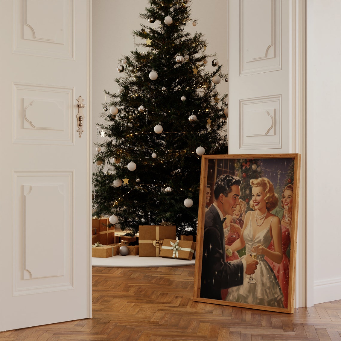 Vintage 1950s Christmas Party Couple Champagne Celebration Poster - Image 3