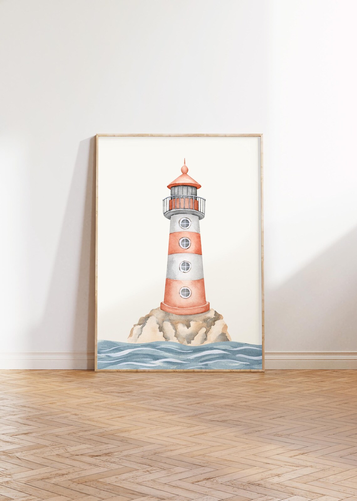 Red and White Striped Lighthouse on Rocky Shore Watercolor Art Poster - Image 5