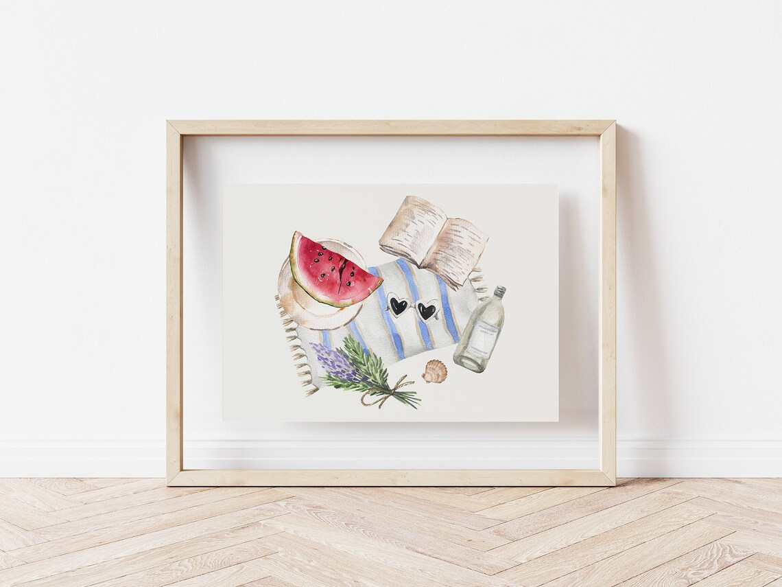 Watermelon Slice Book And Lavender Summer Beach Picnic Watercolor Poster - Image 4