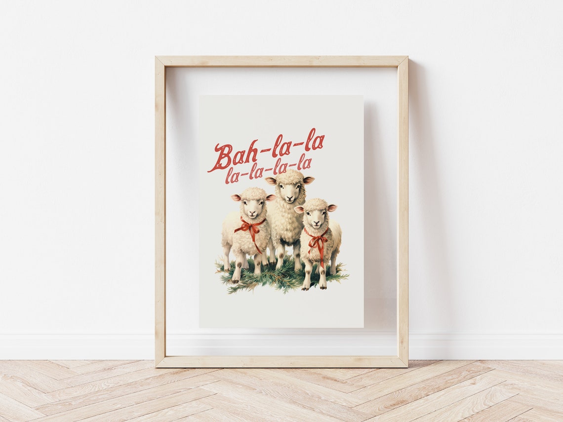 Bah La La Christmas Three Sheep With Red Bows Farmhouse Poster - Image 5