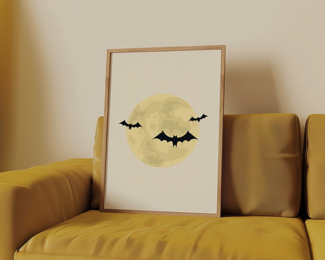 Bats Flying Over a Golden Full Moon Neutral Minimalist Halloween Poster - Image 4