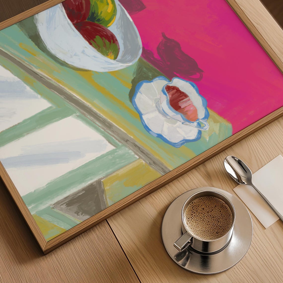 Still Life Fruit Bowl And Teacup Hot Pink Modern Kitchen Poster - Image 3