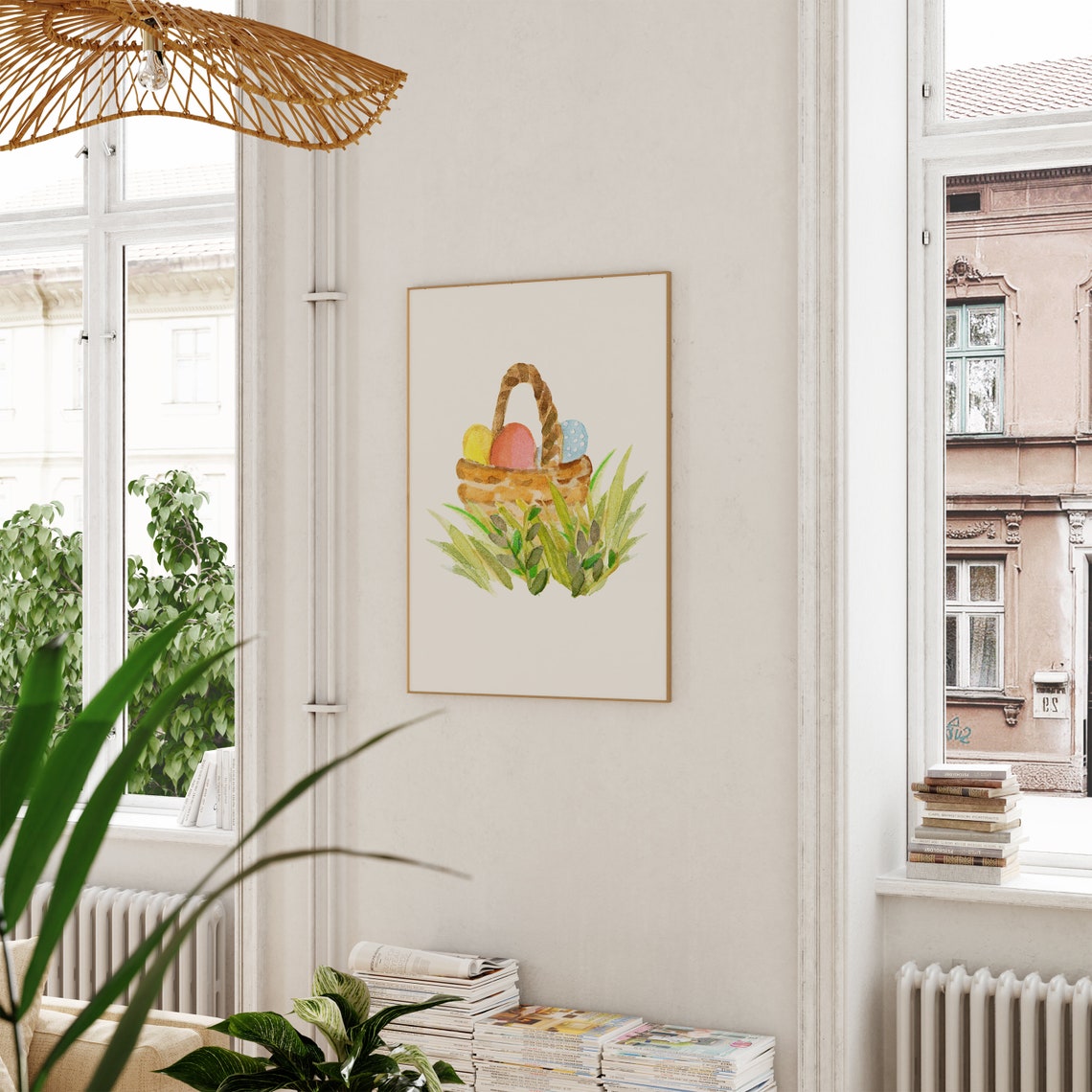 Watercolor Easter Basket With Eggs Resting In Green Grass Poster - Image 2