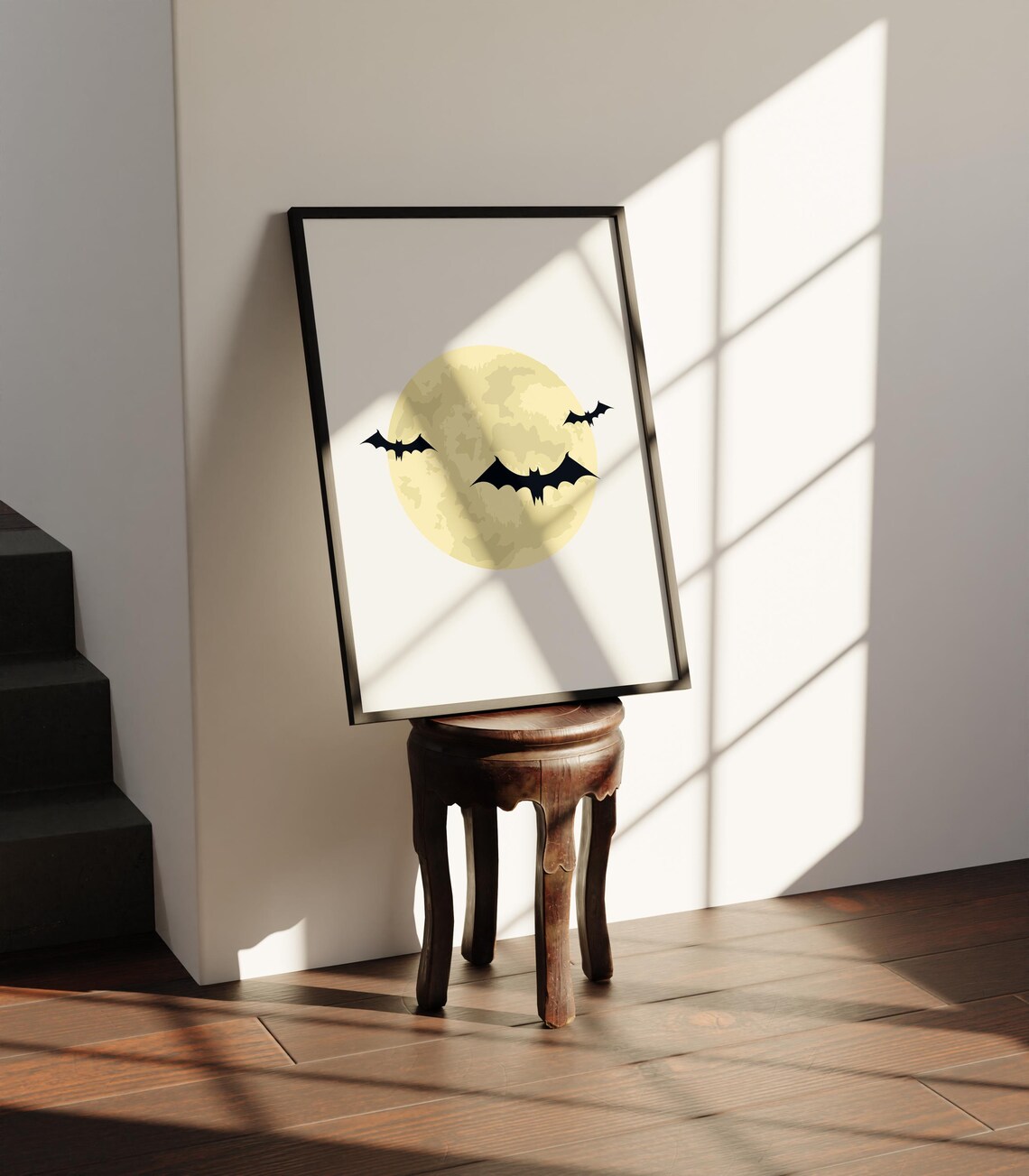 Bats Flying Over a Golden Full Moon Neutral Minimalist Halloween Poster - Image 2