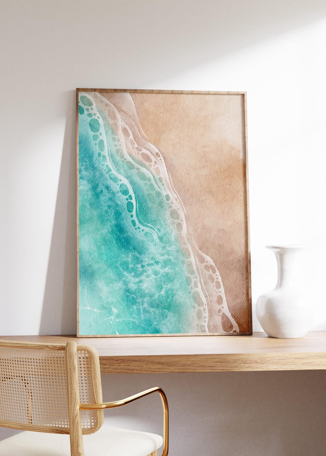 Frothy Teal Wave Crashing Onto Warm Tan Sand Shoreline Print - Image 4