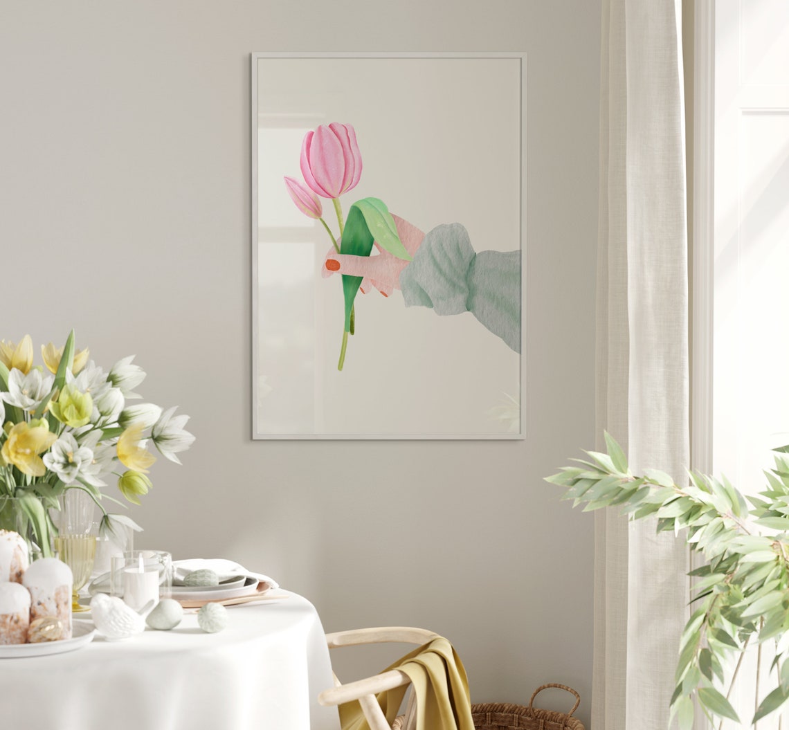 Hand Offering Two Pink Tulips Watercolor Spring Flower Poster - Image 5