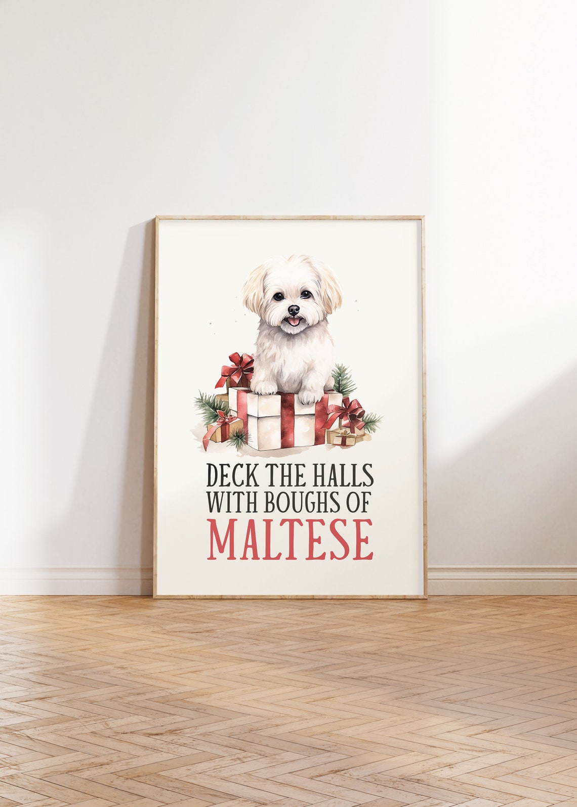Deck The Halls With Boughs Of Maltese Christmas Pet Print Christmas Dog Print Funny Dog Print Funny Christmas Decor Maltese Dog Painting - Image 2