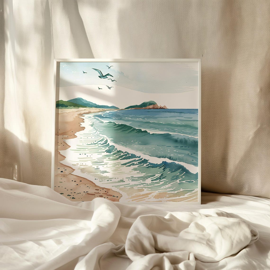 Muted Watercolor Beach Waves With Seagulls Coastal Beach Poster - Image 4