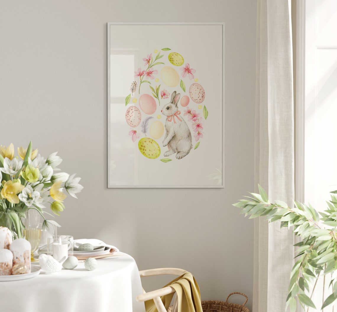 Watercolor Easter Bunny With Painted Eggs And Cherry Blossoms Poster - Image 5
