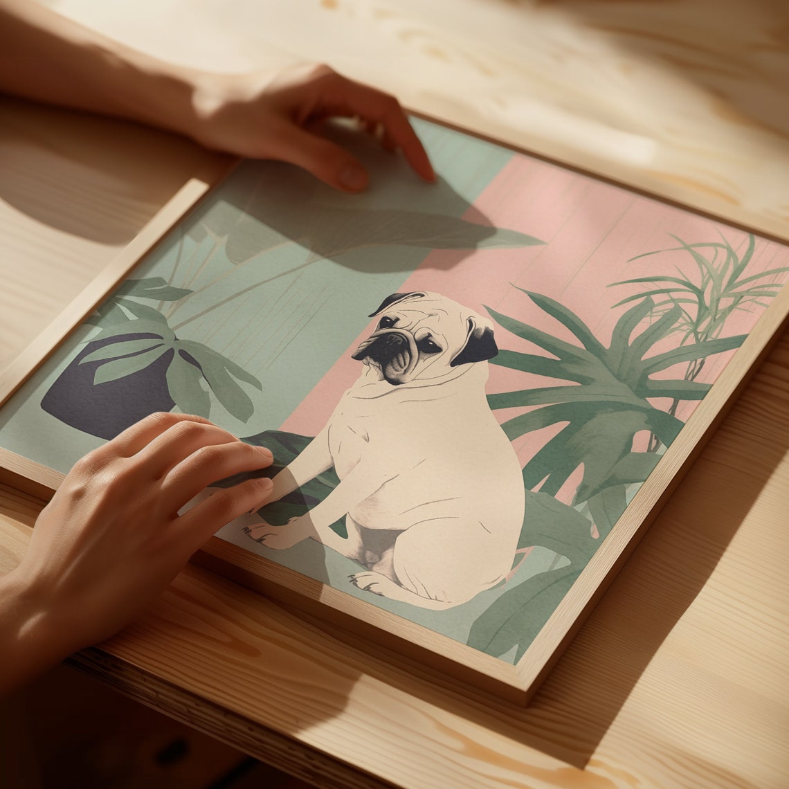 Cream Pug with Tropical Leaves Poster in Sage and Blush Tones - Image 5
