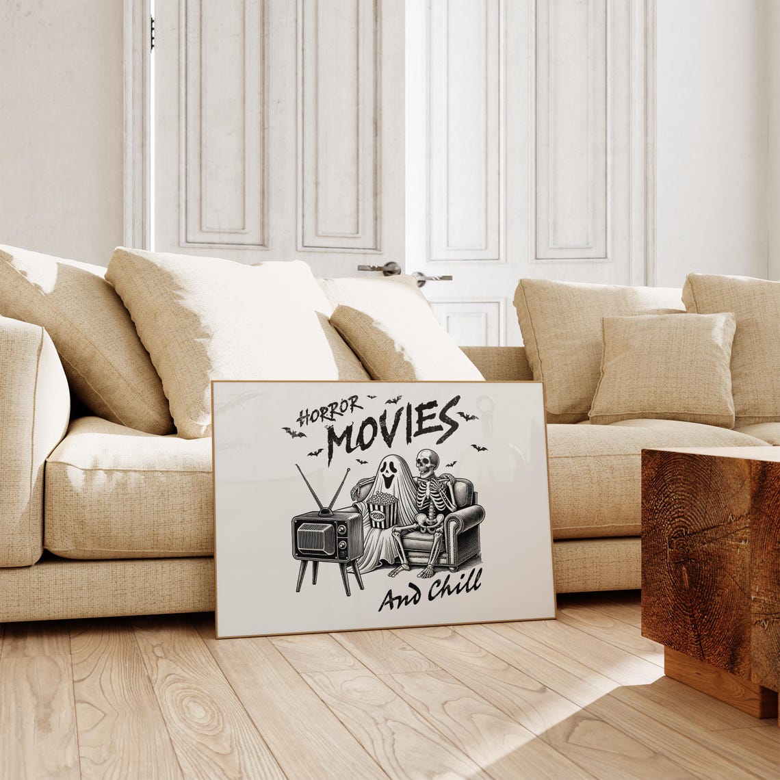 Horror Movies And Chill Ghost Skeleton White Halloween Poster - Image 2