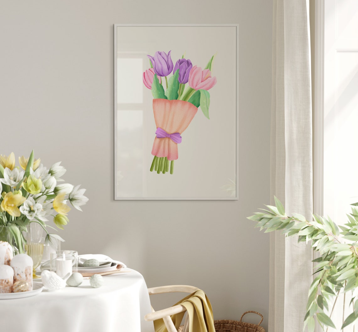 Pink and Purple Tulip Bouquet Wrapped in Paper Watercolor Poster - Image 5