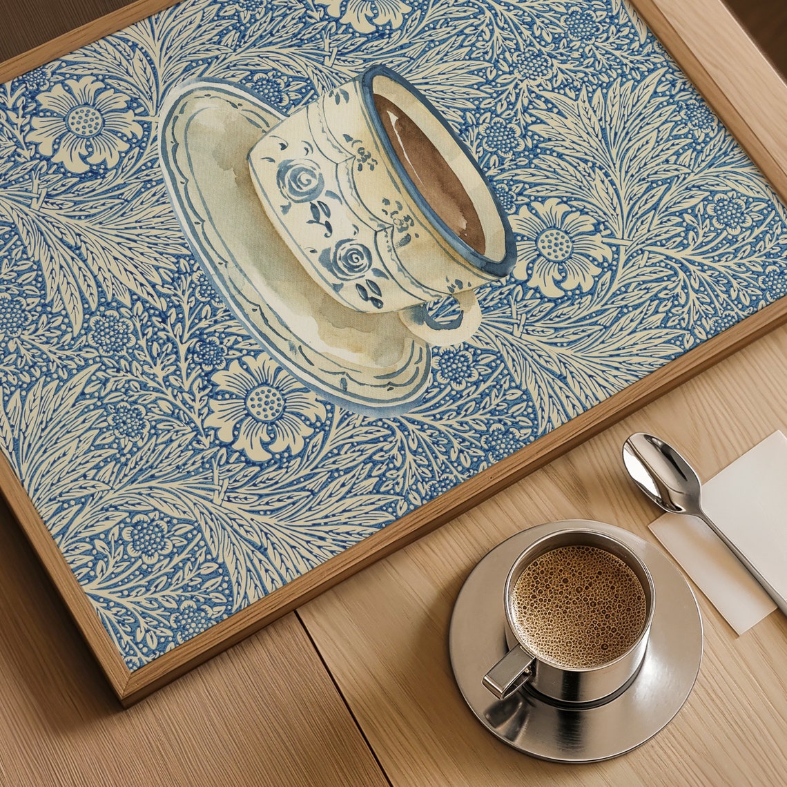 Vintage Coffee Cup On Blue Floral Pattern Retro Kitchen Wall Poster - Image 5