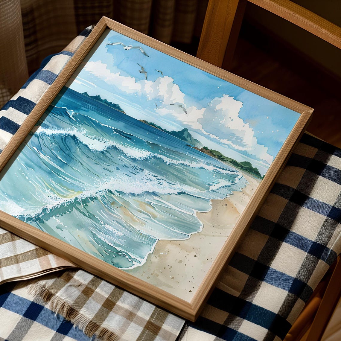 Tropical Beach Waves With Tropical Islands Watercolor Art Poster - Image 4