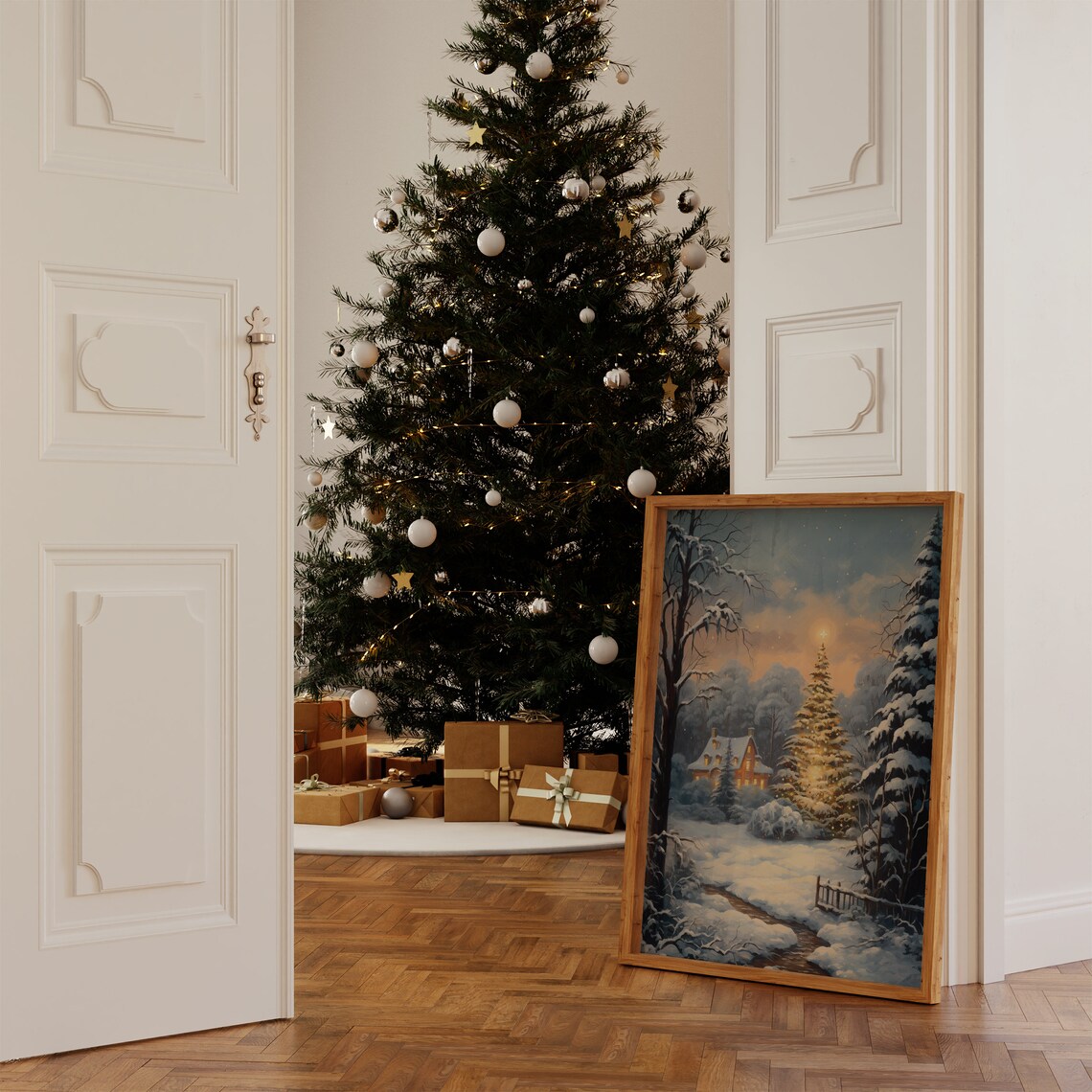 Snowy Christmas Village With Glowing Tree Vintage Oil Painting Poster - Image 2