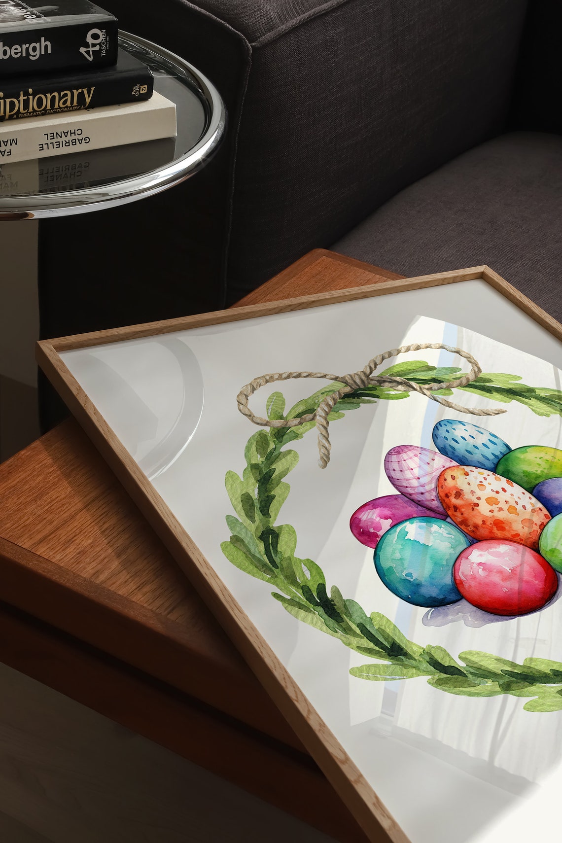 Colorful Easter Eggs In Green Leaf Wreath With Twine Bow Poster - Image 3