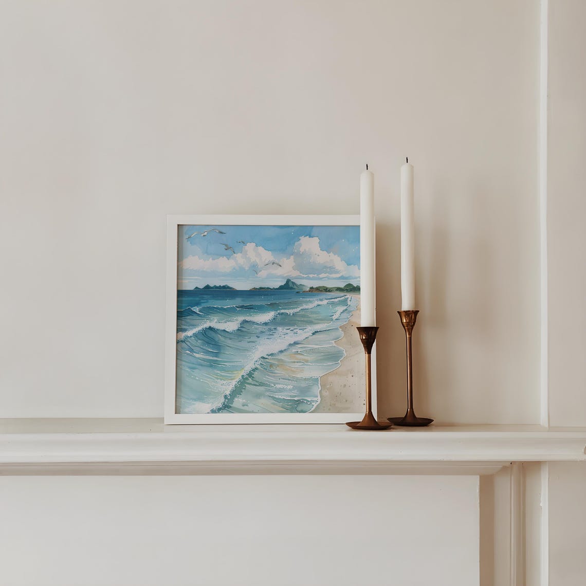 Tropical Beach Waves With Tropical Islands Watercolor Art Poster - Image 3