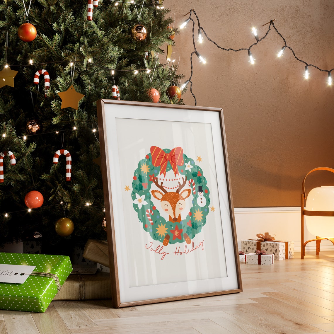 Jolly Holiday Cute Reindeer Peeking From a Christmas Wreath Poster - Image 2
