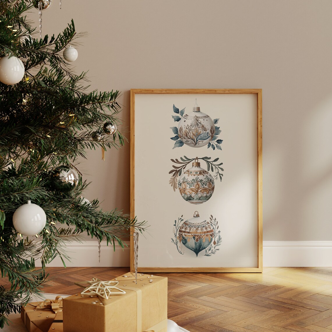 Three Hand Painted Folk Pattern Christmas Baubles Watercolor Poster - Image 4