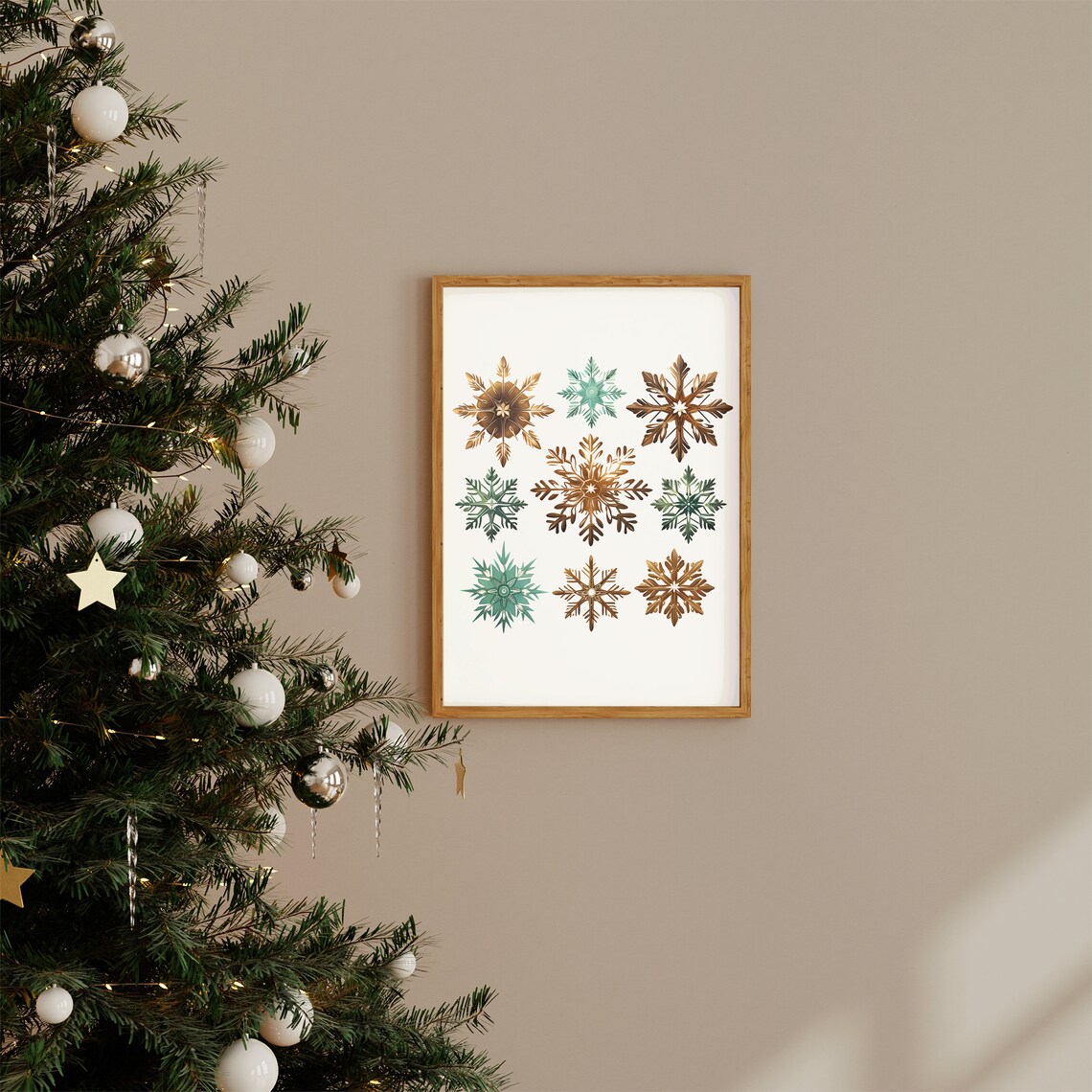 Watercolor Snowflakes Green and Gold Rustic Christmas Holiday Wall Art - Image 2