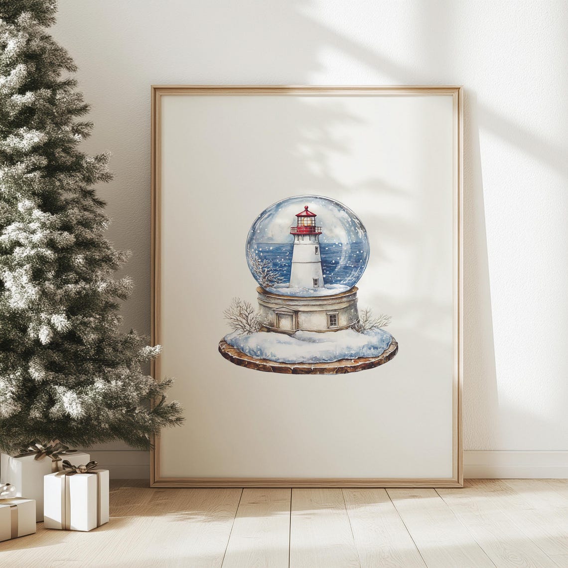 Watercolor Snow Globe Lighthouse Nautical Christmas Decor Poster - Image 2