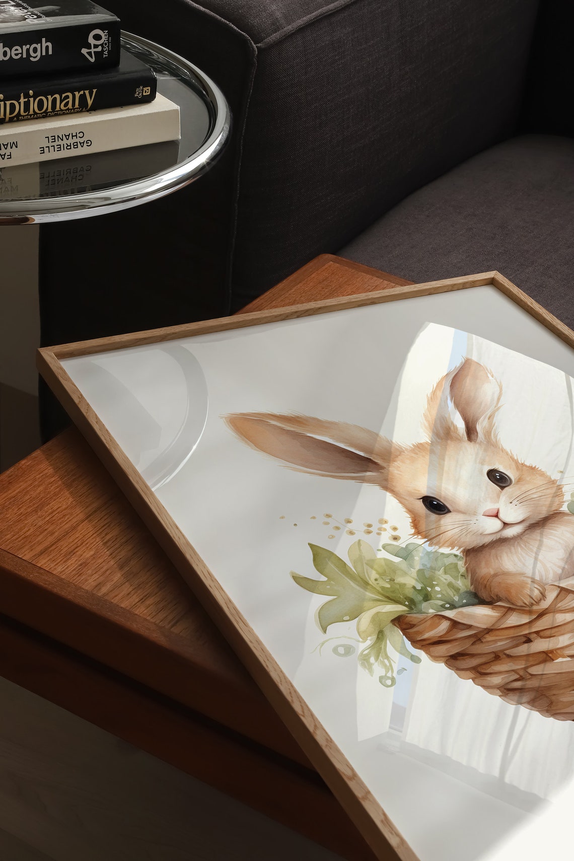 Baby Bunny Peeking From Wicker Basket With Greenery Watercolor Poster - Image 3