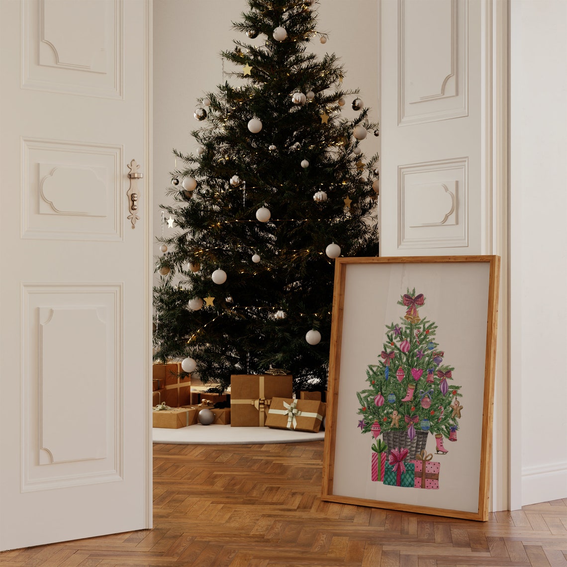Pink Christmas Tree Watercolor With Gifts Preppy Holiday Wall Art - Image 4