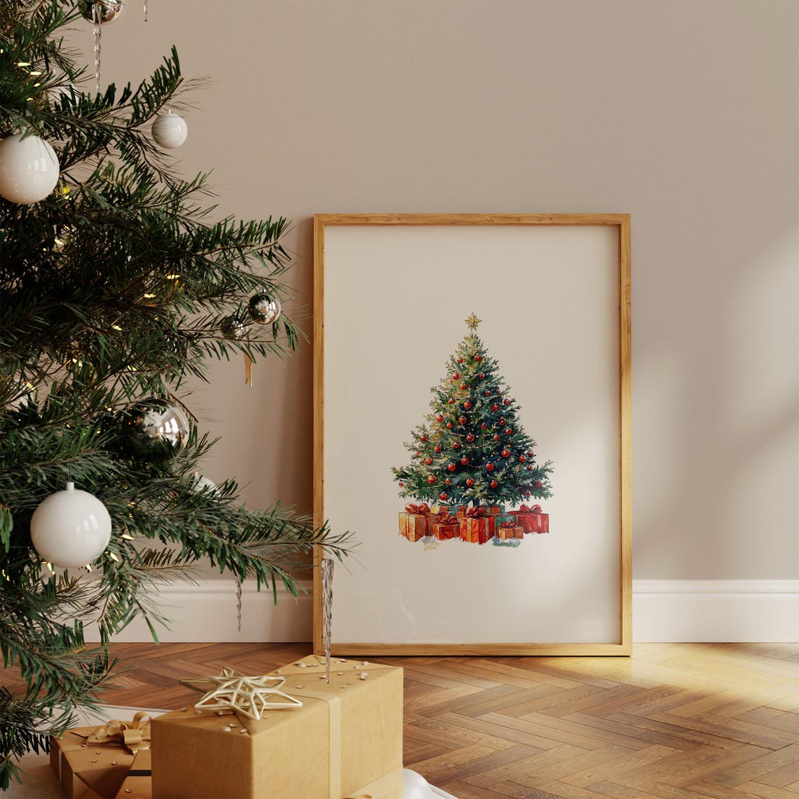 Watercolor Christmas Tree Red Ornaments Gift Boxes Holiday Poster - Image 4