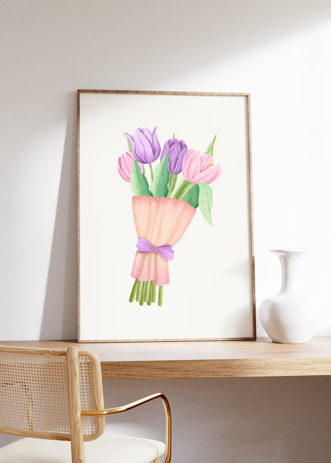 Pink and Purple Tulip Bouquet Wrapped in Paper Watercolor Poster - Image 4