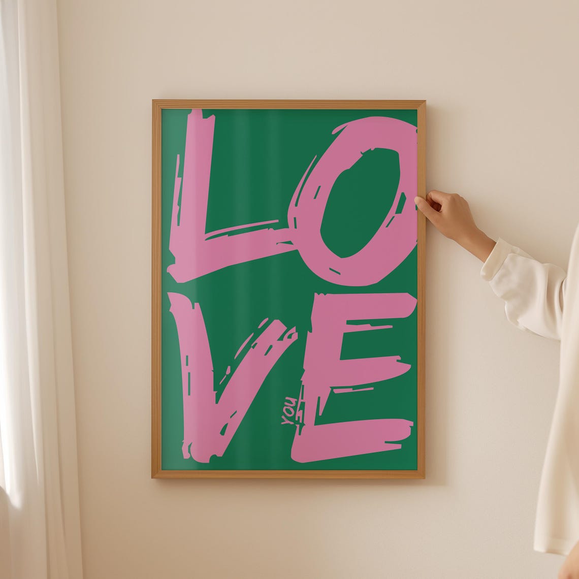 Oversized Love You Pink On Green Retro Brushstroke Typography Poster - Image 4