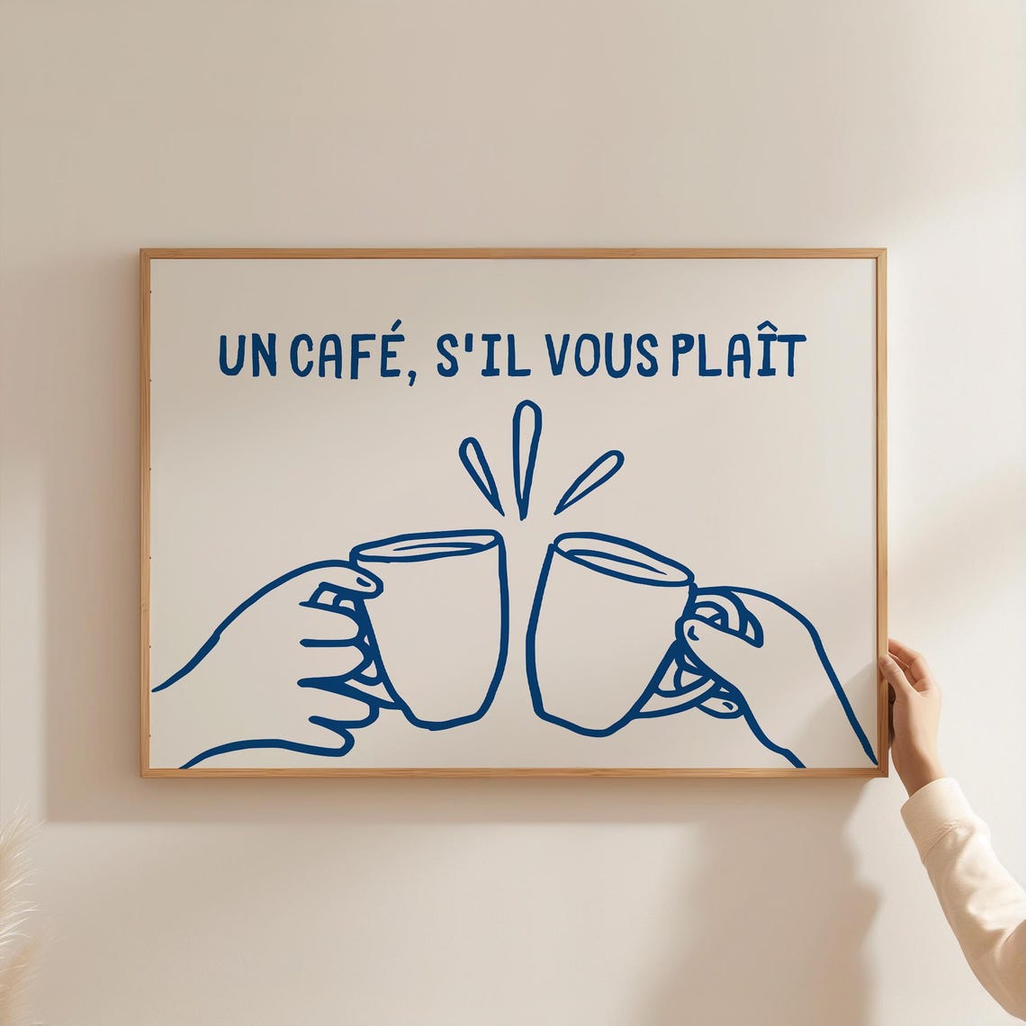 Un Cafe Sil Vous Plait French Coffee Clinking Mugs Line Art Poster