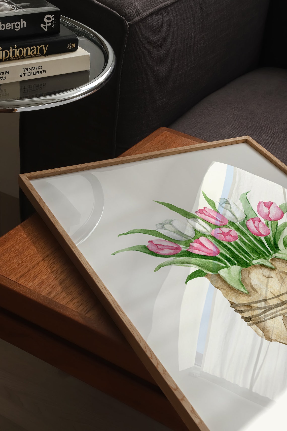 Pink and White Tulips in a Kraft Paper Bag Watercolor Spring Poster - Image 3
