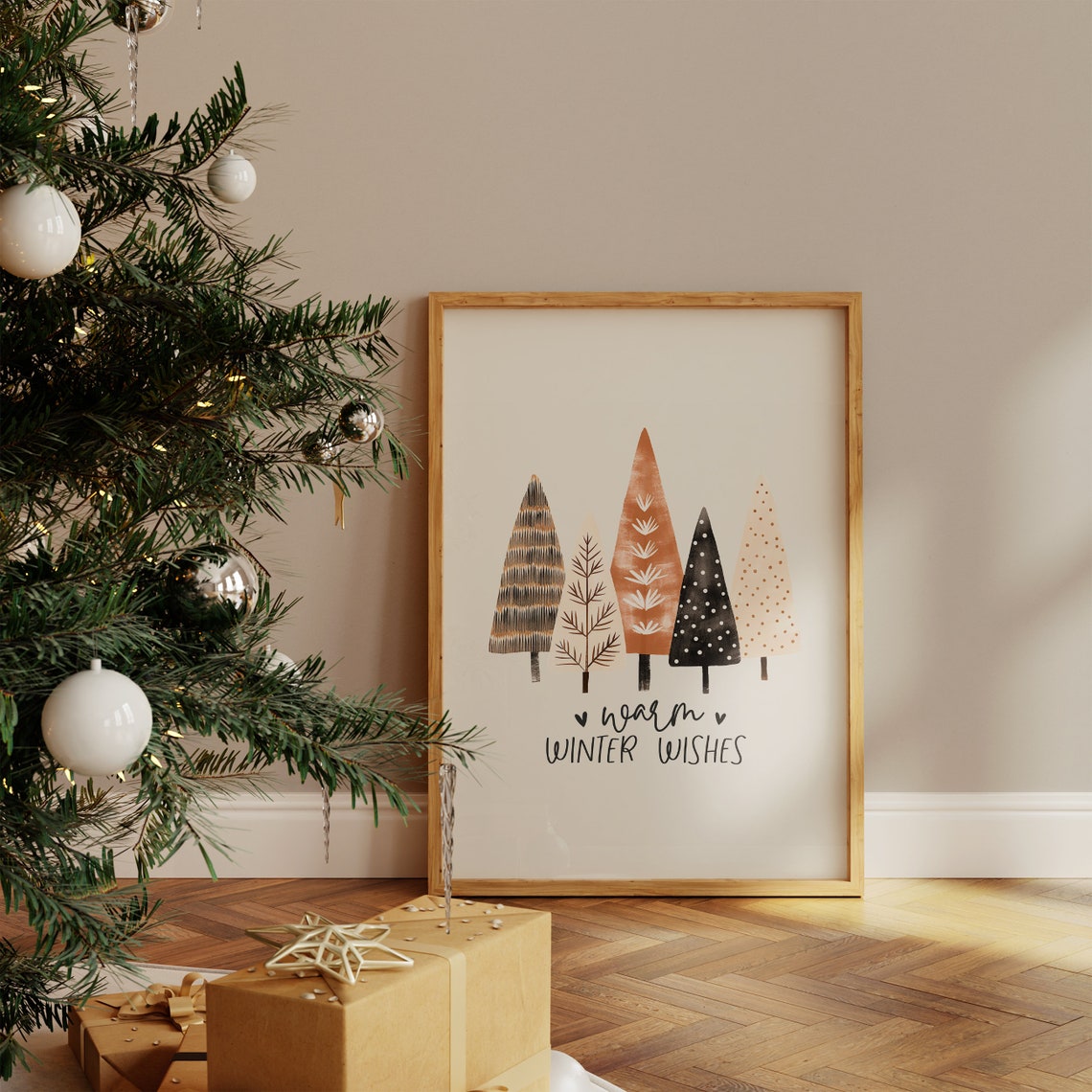 Warm Winter Wishes Five Patterned Trees Minimalist Holiday Print - Image 4