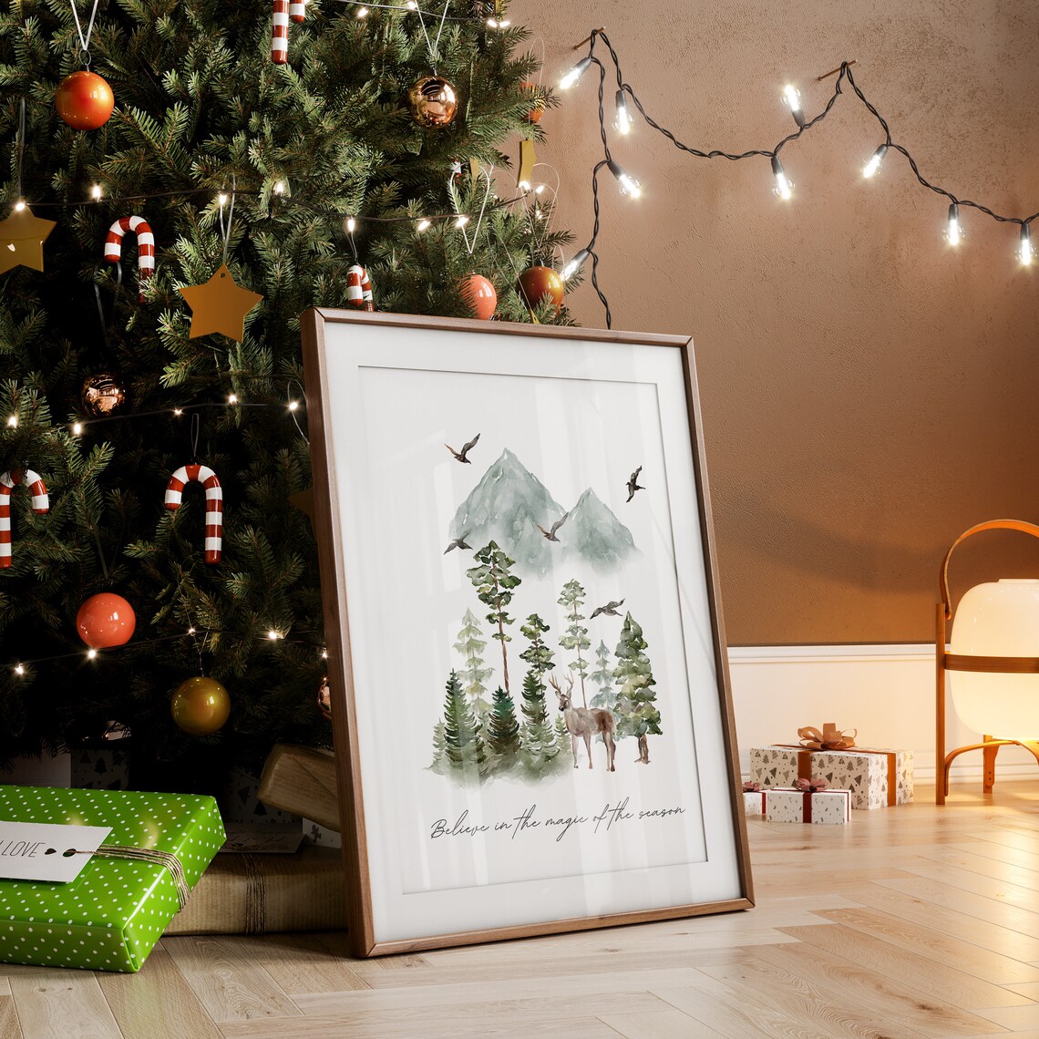 Believe in the Magic of the Season Watercolor Deer Forest Poster - Image 2