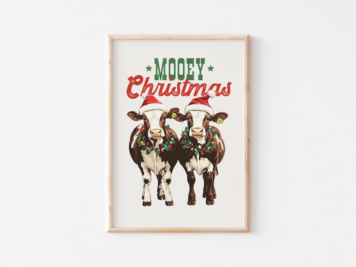 Mooey Christmas Adorable Cows in Santa Hats Farmhouse Poster - Image 4