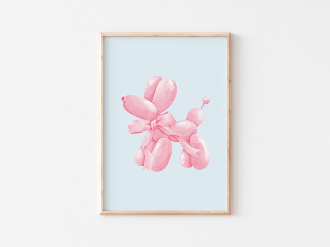 Pink Balloon Dog With Pink Bow Watercolor Coquette Wall Decor Poster - Image 3