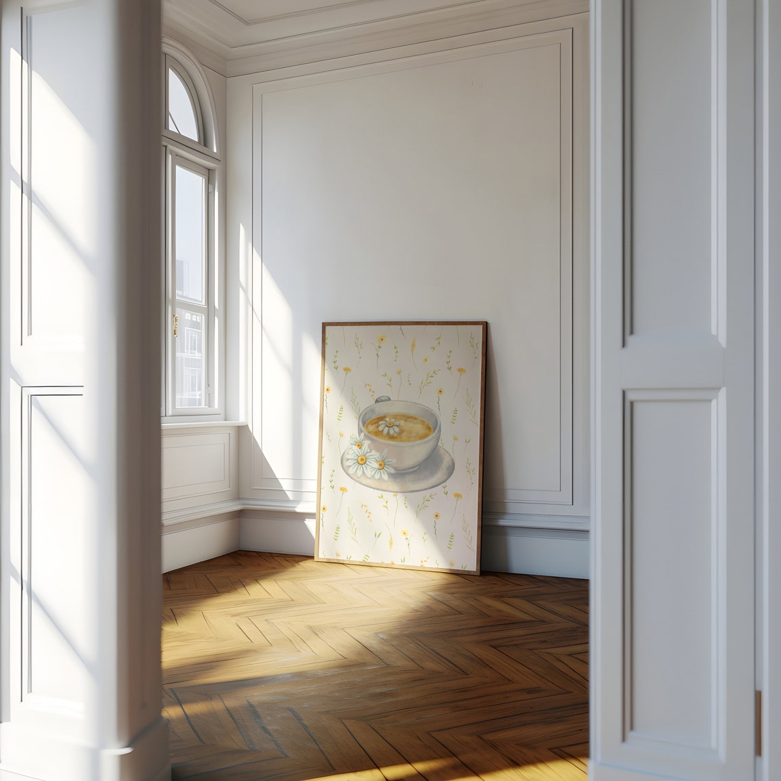 Daisy Topped Tea Cup on Wildflower Pattern Watercolor Floral Poster - Image 4