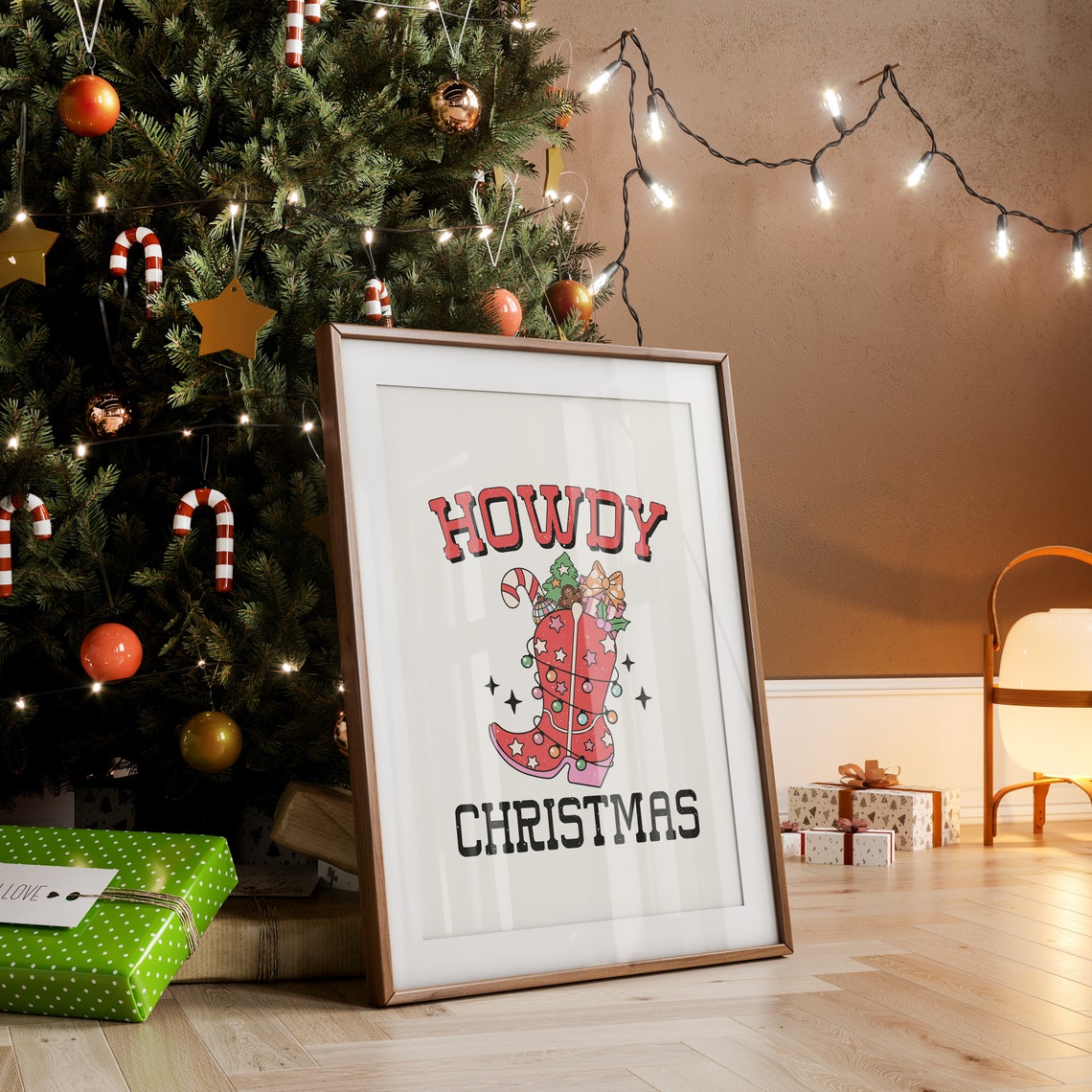 Howdy Christmas Red Cowboy Boot Lights Western Holiday Poster - Image 2