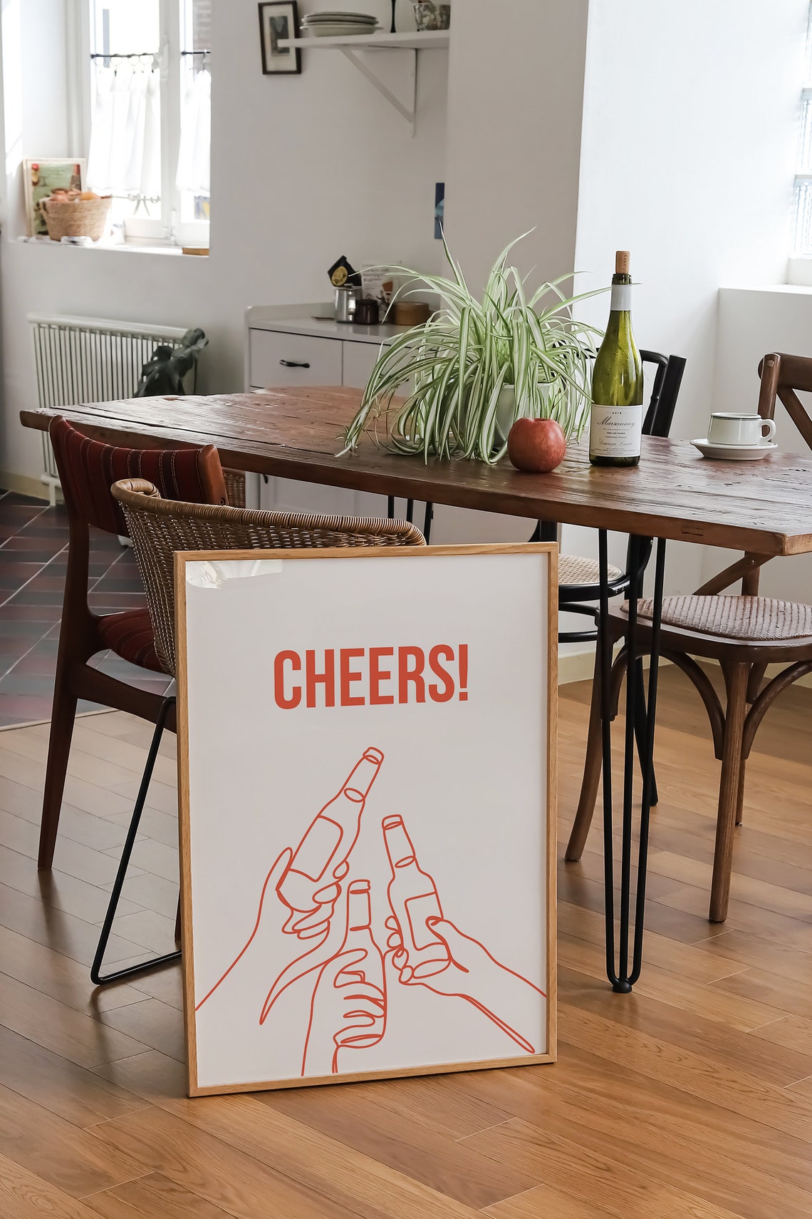 Cheers Beer Bottles Clinking Hands Orange Line Art Modern Bar Poster - Image 2